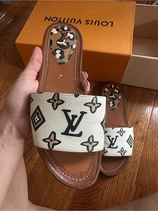 Louis Vuitton Shoes - Louis Vuitton Cream and Brown Monogram Slide Sandals